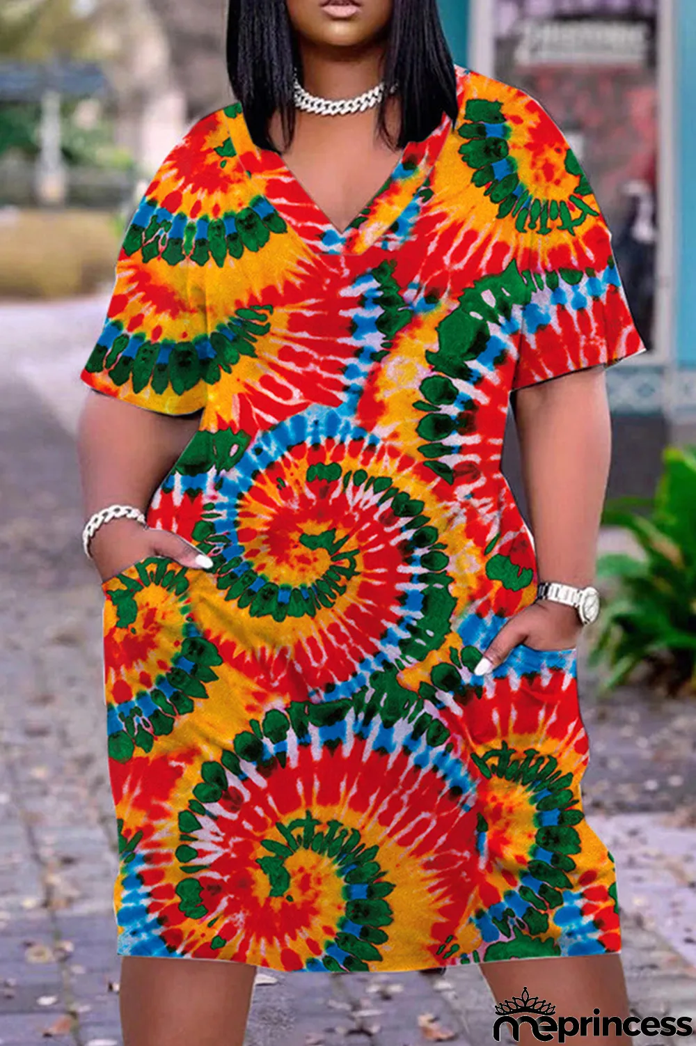 Orange Red Casual Print Patchwork Basic V Neck Short Sleeve Dress