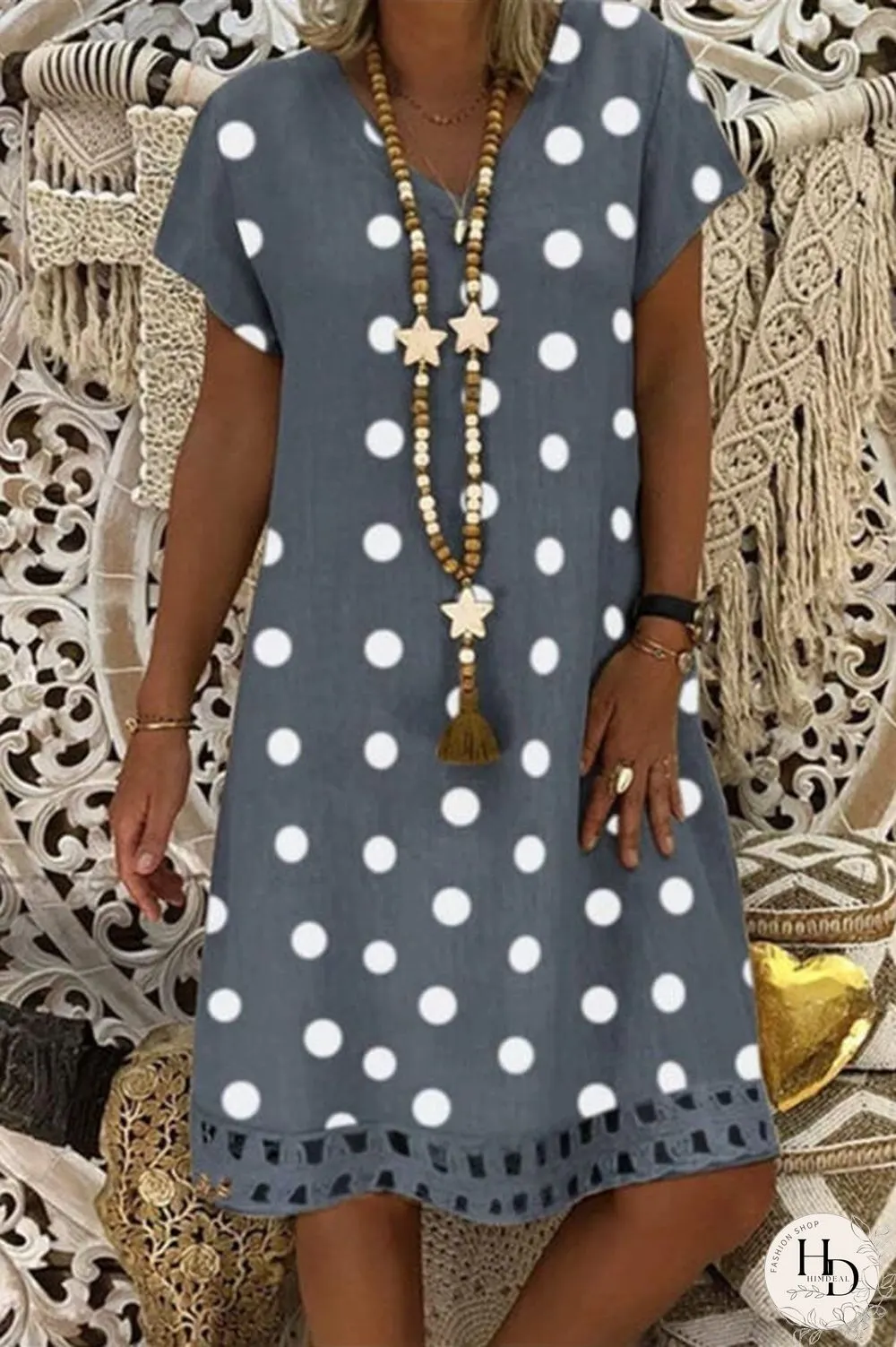 Fashion Casual V Neck Polka Dot Dress