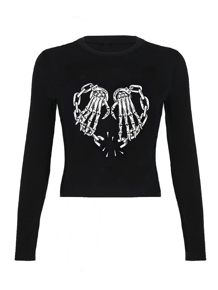 Skeleton Gothic Chain Y2KT T-Shirt Top Women Long Sleeve Heart New Trend