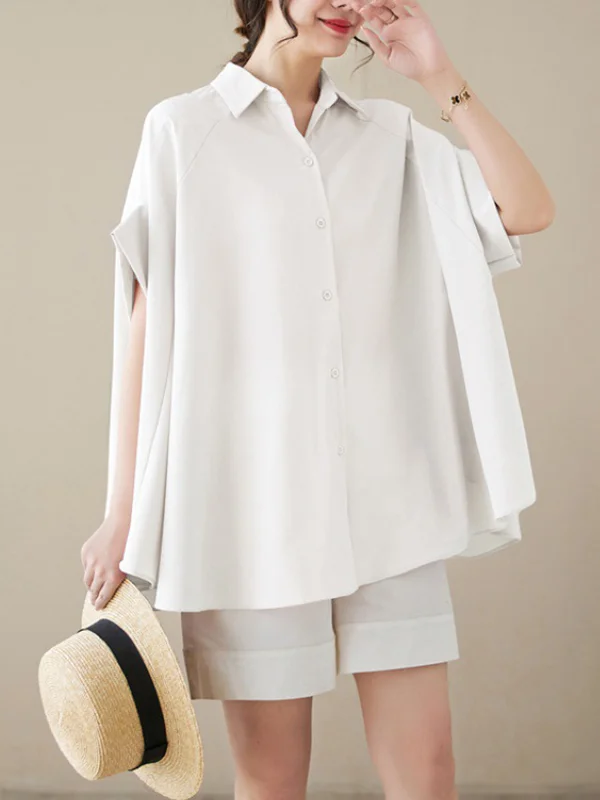 Loose Short Sleeves Solid Color Lapel Shirts Tops