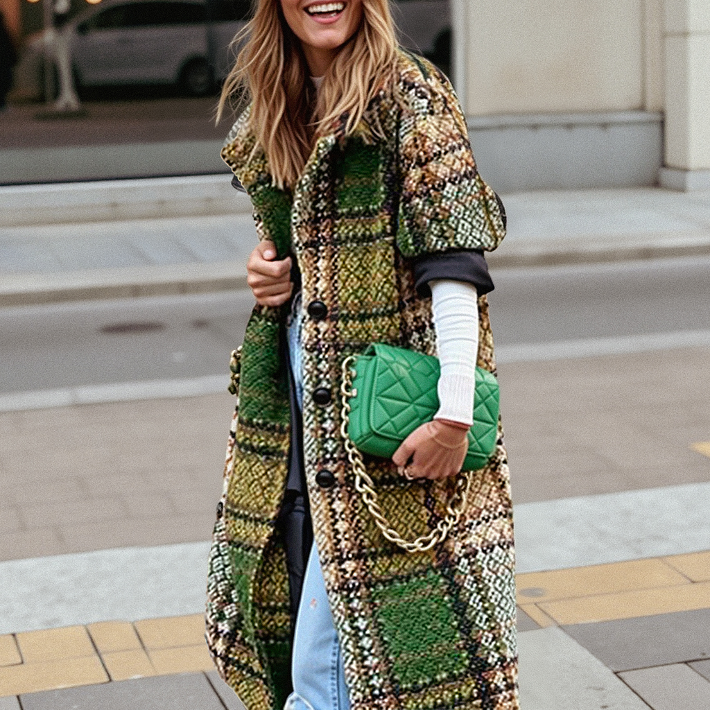 Women's Long Sleeve Lapel Coat Printed Woolen Long Coat