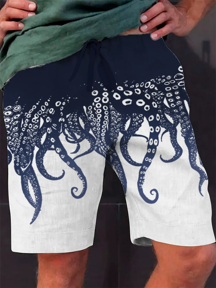 Japanese Art Ocean Octopus Print Cotton Blend Short Pants