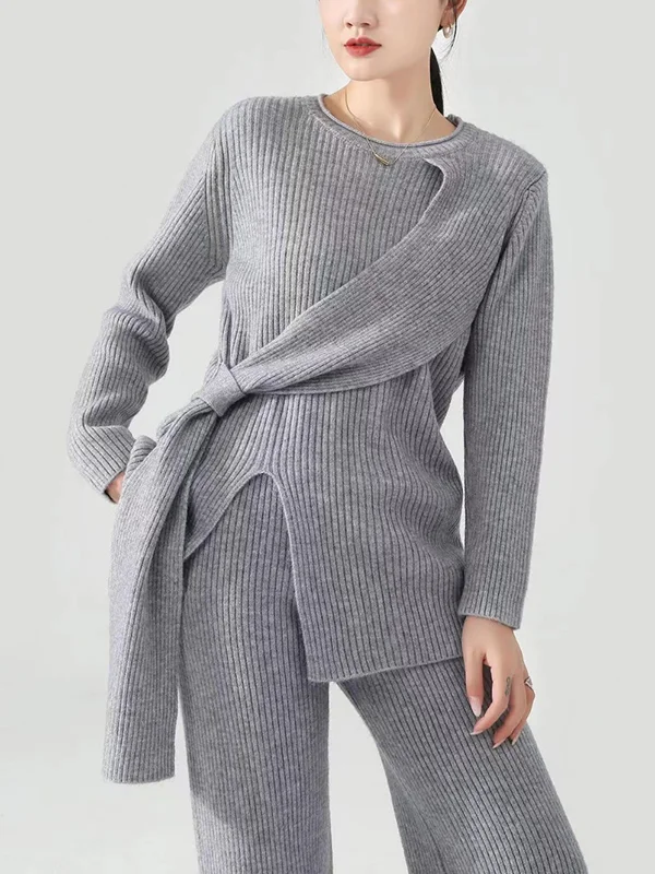 Solid Color Loose Asymmetric Split-Front Round-Neck Long Sleeves Sweater Top + Pants Bottom Two Pieces Set