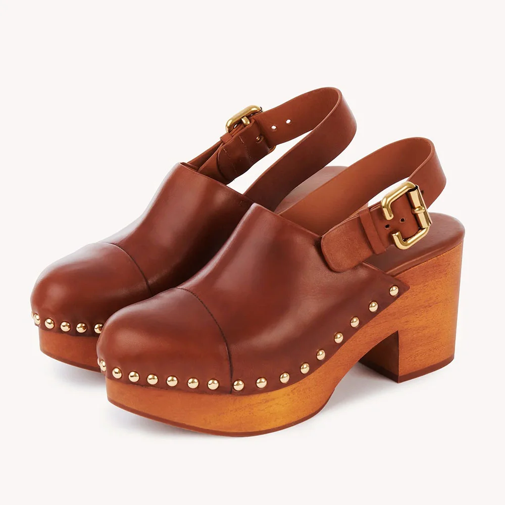 Tan Studded Block Heel Platform Clogs Slingback Pumps for Women