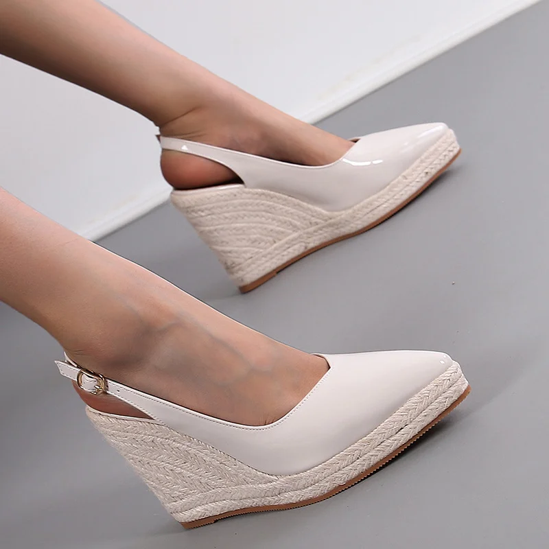 Wongn Wongn Wedge Heel Thick Bottom High Heel Pointed Women's Shoes Back Empty Head Drag Fashion Patent Leather Large Size