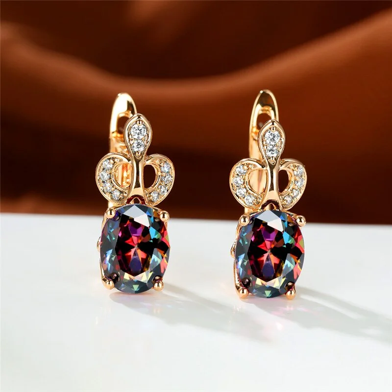 Trendy Female Rainbow Zircon Earrings Charm Rose Gold Color Crown Clip Earrings For Women Dainty Crystal Oval Wedding Earrings