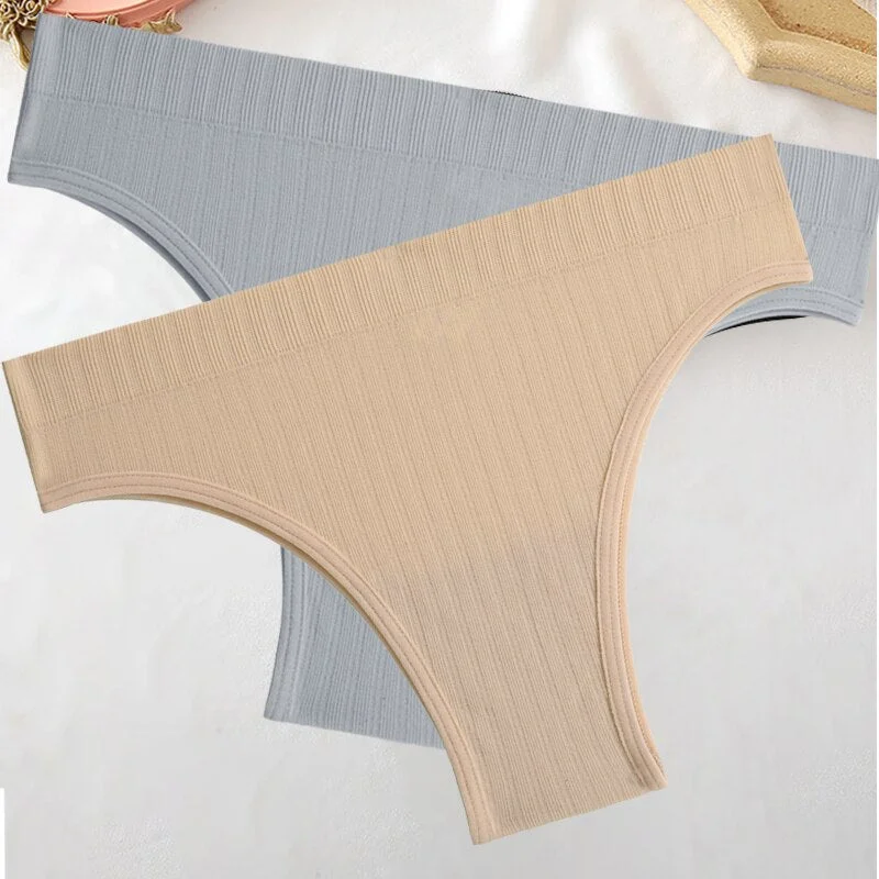 FINETOO 2PCS/Set M-XL Women Seamless Pantys 9 Solid Colors Sexy Brazilian Panties  Midi-Waist Underpants For Girls Fashion Thong