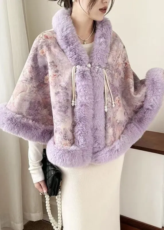 New Purple Fur Collar Print Warm Fleece Cape Coats Winter