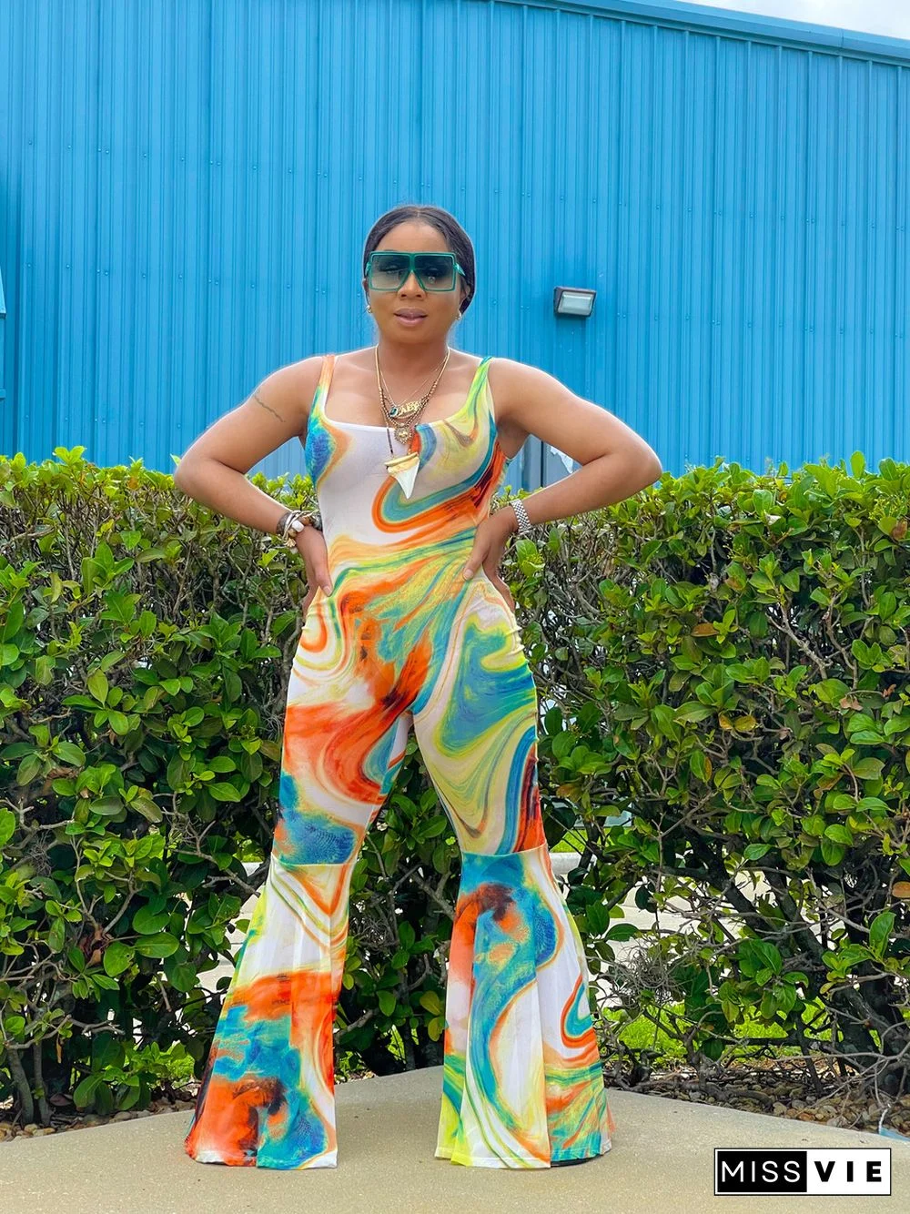 Summer Womens Clothing Casual Tie Dye Print Sleeveless Low Neck Backless Streetwear Bodycon Flare Jumpsuit