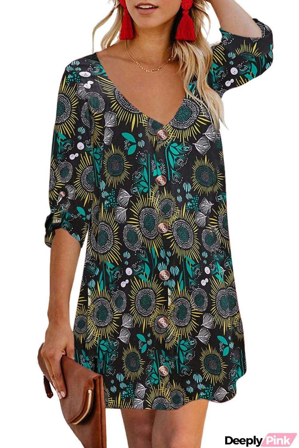 V Neck 3/4 Roll Sleeve Button Floral Dress