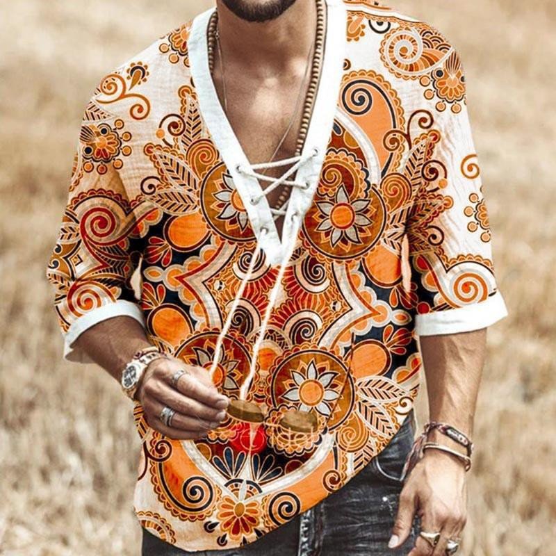 Men's Printed Lace Up Midi Sleeve Shirt 