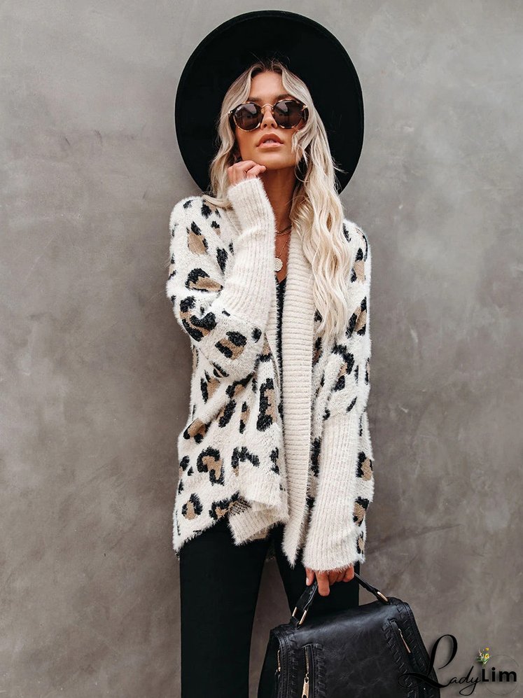 Trendy Leopard Print Bohemian Slim Dolman Sleeve Oversized Sweater Cardigan