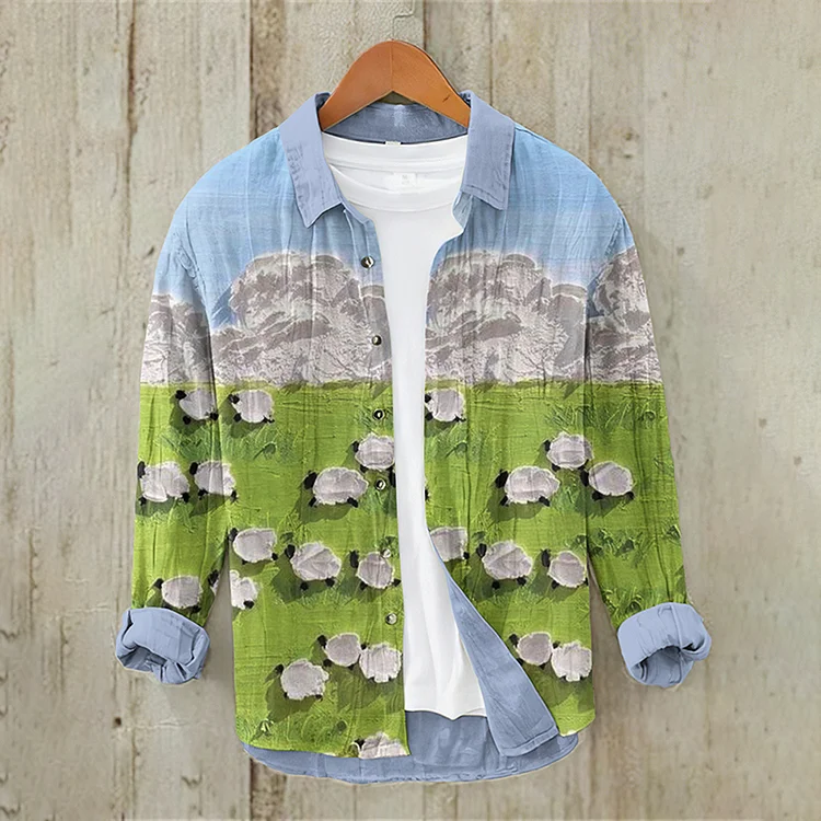 Men's Farm Sheep Oil Painting Art Cotton Linen Shirt