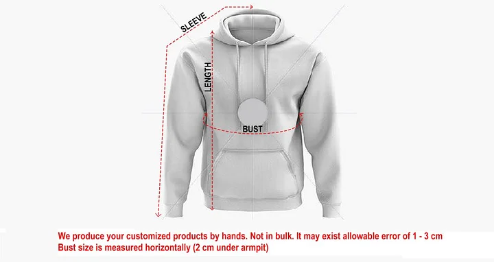 Diagram showing how to measure a hoodie s length, sleeve, and bust.