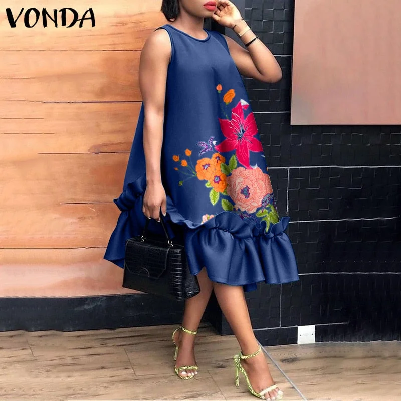 VONDA Summer Bohemian Dress Vintage Solid Maxi Long Dress Party Sundress 2022 VONDA Casual Vestidos Femme Loose Robe