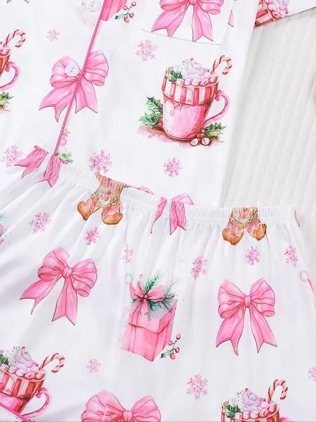 【christmas】Women's Christmas Pajama Set, Santa Cookie Print, Short Sleeve Button-up Top & Elastic Shorts, Casual All-season Sleepwear, Christmas Pyjamas, Loungewear