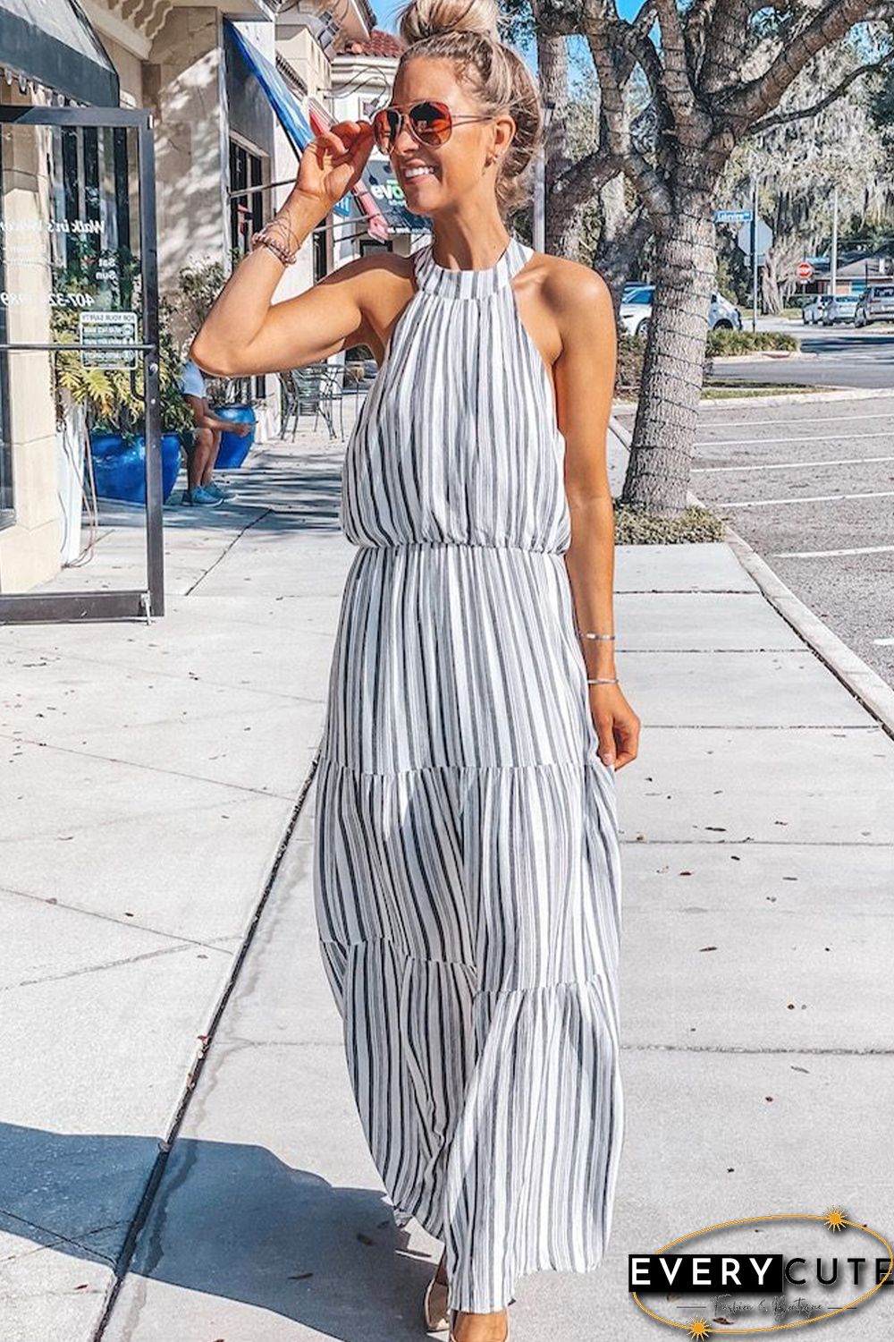 Halter Neck Sleeveless Cutout Tiered Striped Maxi Dress