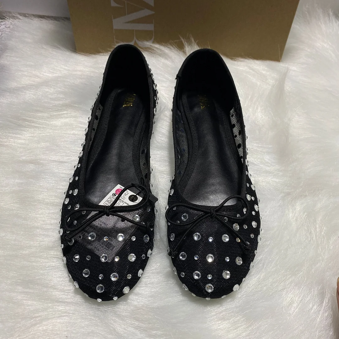 Breakj Breakj Home 2025 New Fashion Women's Shoes Beige Bow Decorated Full Of Stars Ballet Wind Flat Shoes Comfortable