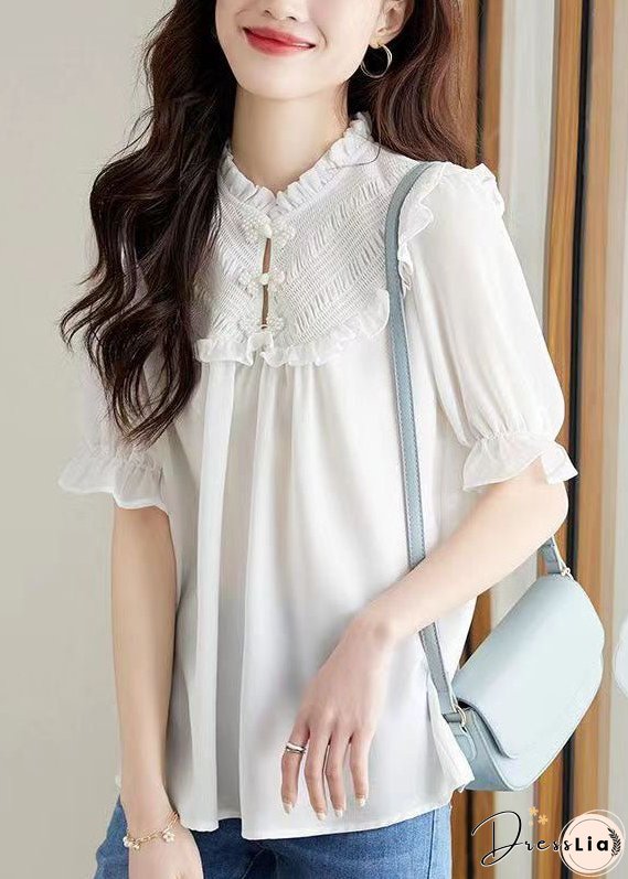 Women White Ruffled Chinese Button Patchwork Chiffon Shirt Top Summer