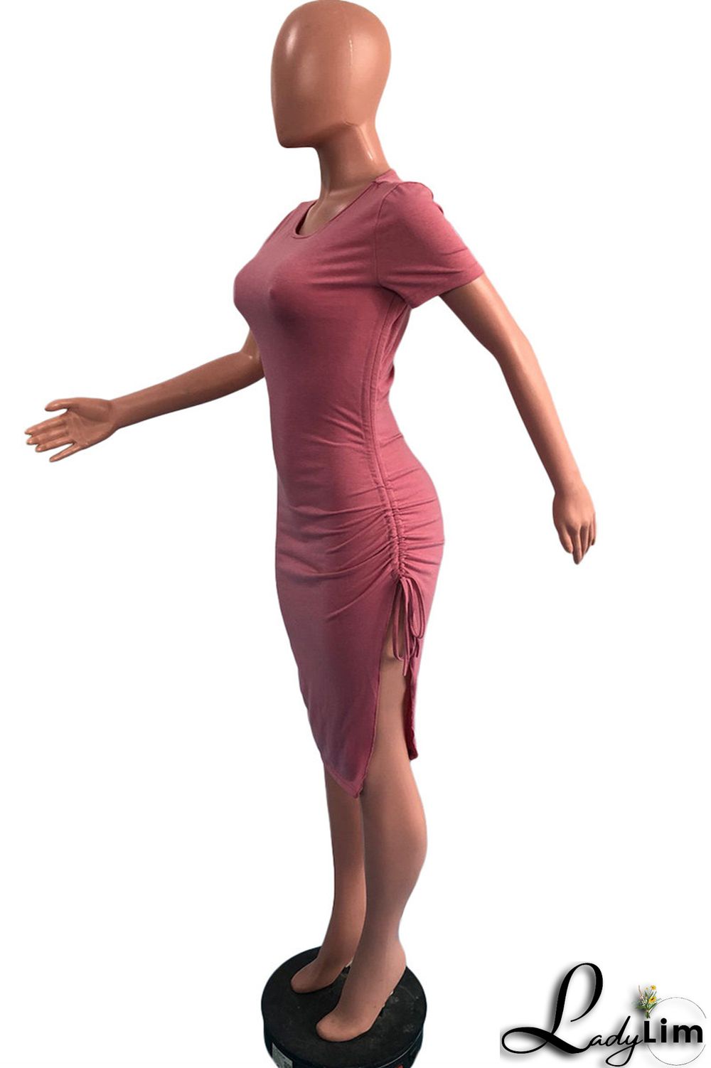 Fuchsia Fashion Casual Solid Draw String Frenulum Slit O Neck Short Sleeve Dress