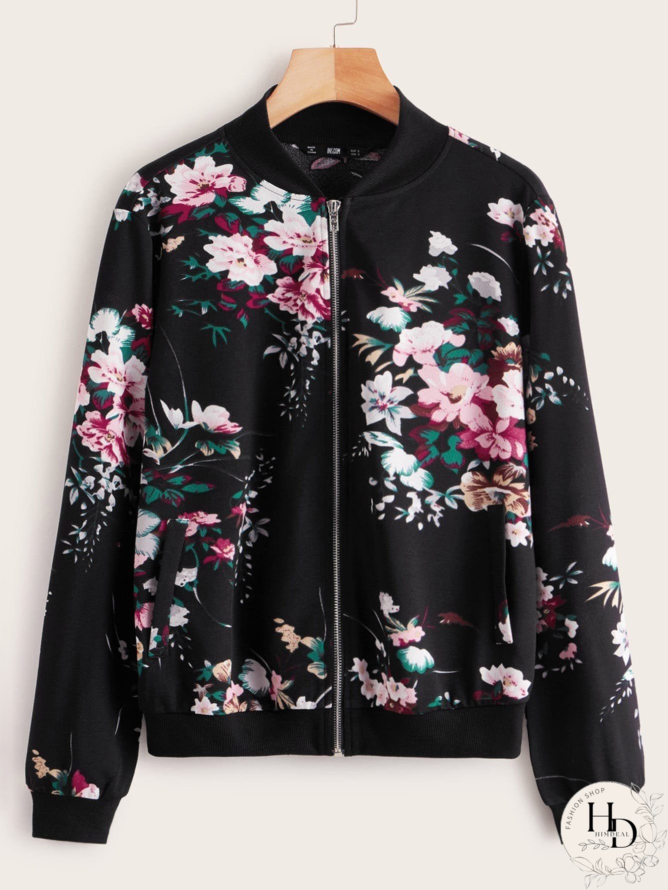 Botanical Print Zip Up Bomber Jacket