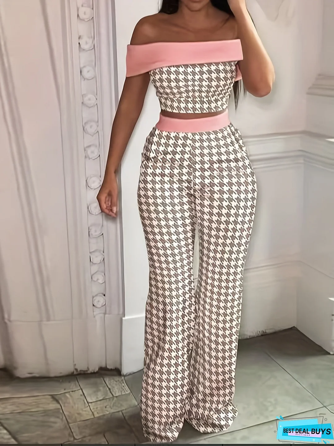 Solid Simple Two-piece Set, Off Shoulder Cropped Vest & High Waist Wide Leg Long Length Pants Outfits, Women's Clothing