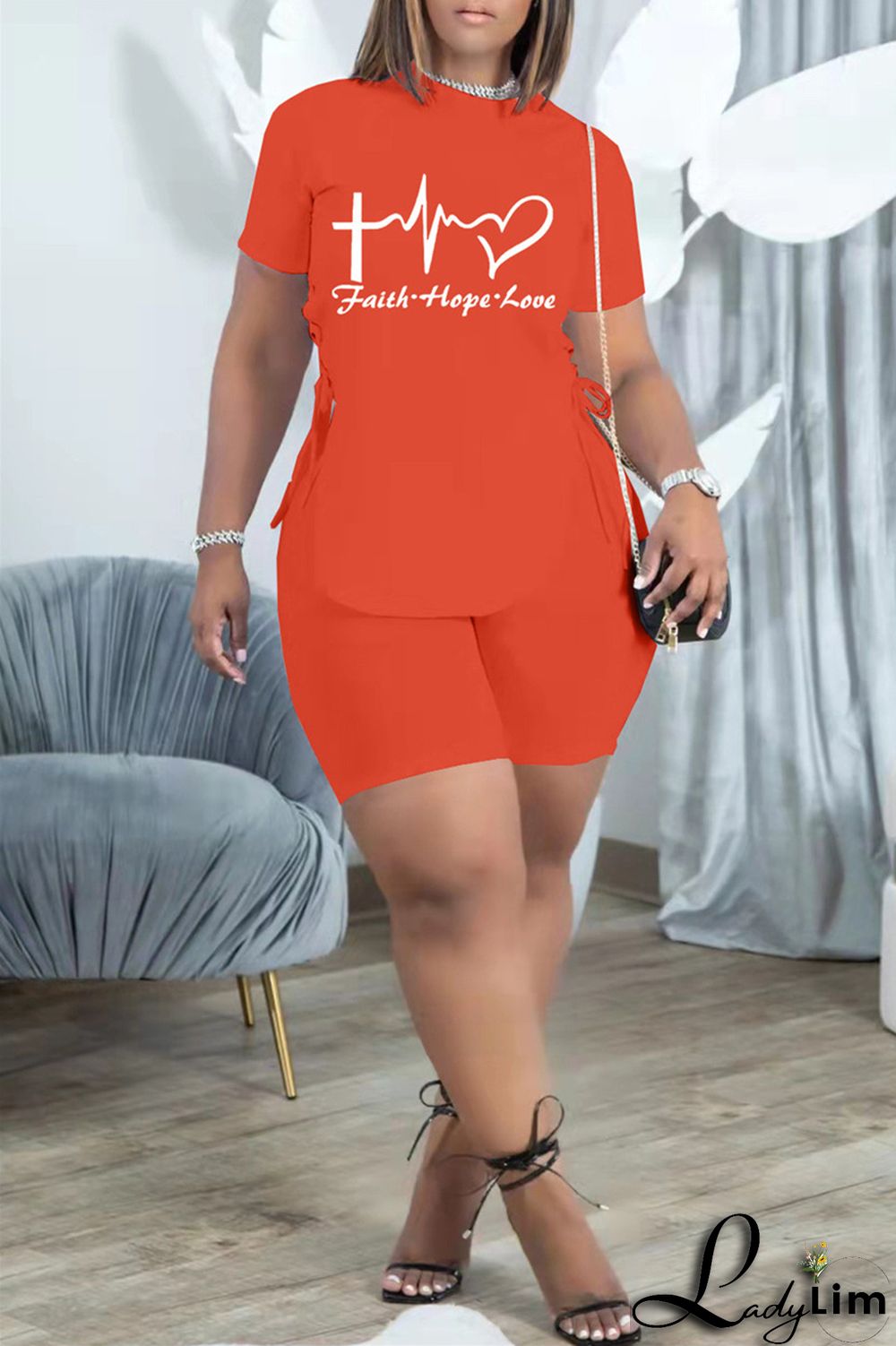 Khaki Fashion Casual Print Bandage Slit O Neck Short Sleeve Two Pieces