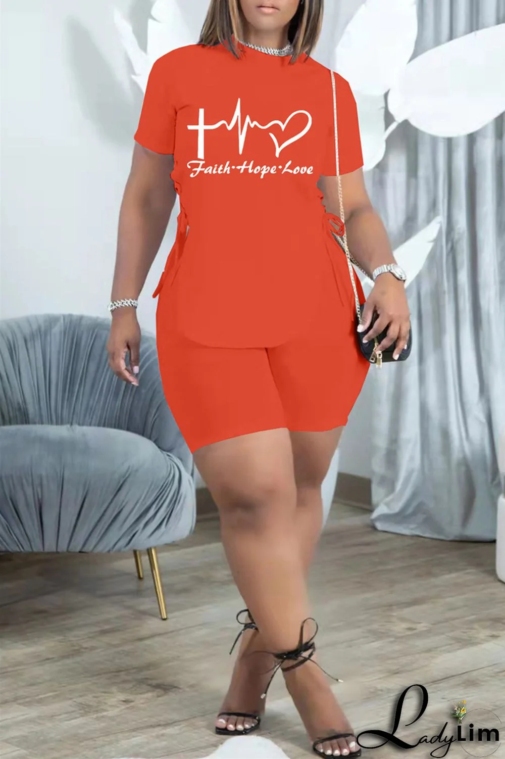 Khaki Fashion Casual Print Bandage Slit O Neck Short Sleeve Two Pieces