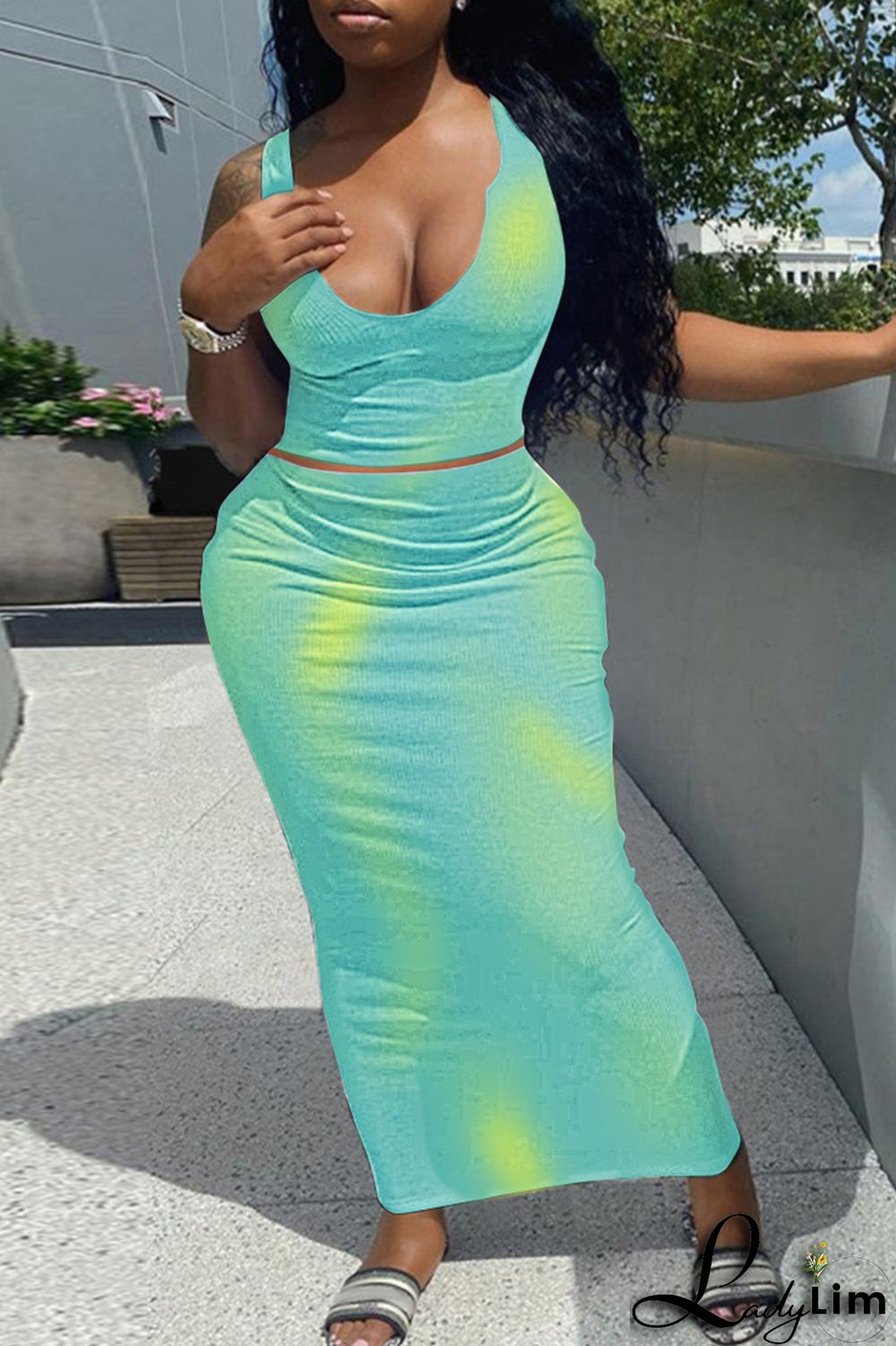 Green Fashion Sexy Print Tie-dye U Neck Sleeveless Two Pieces