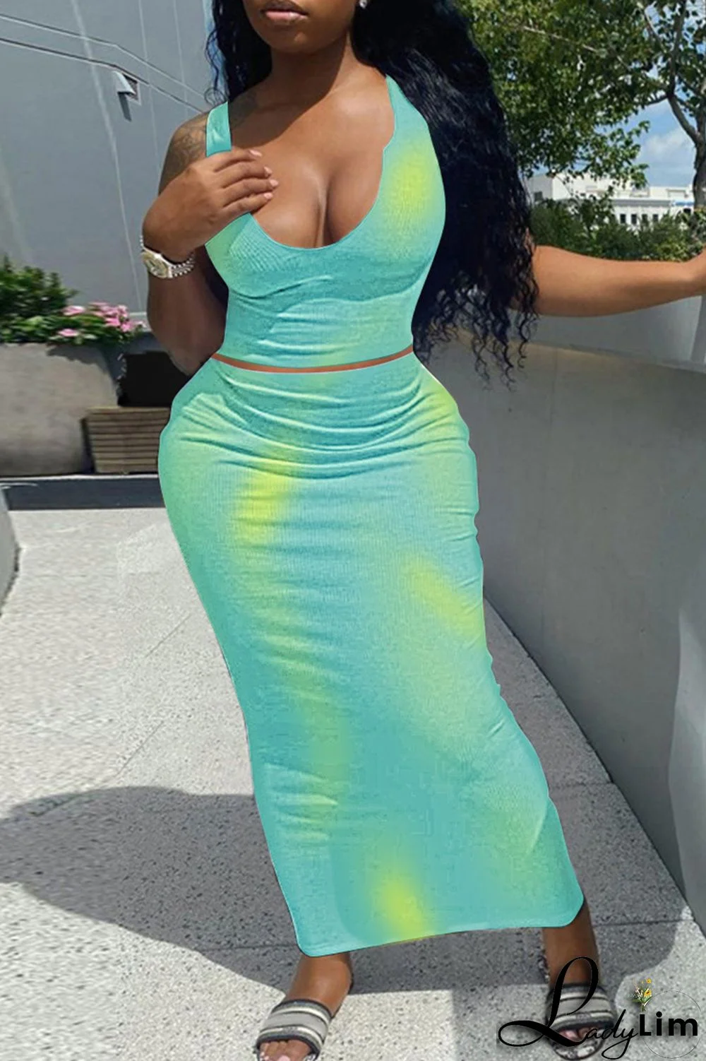 Green Fashion Sexy Print Tie-dye U Neck Sleeveless Two Pieces