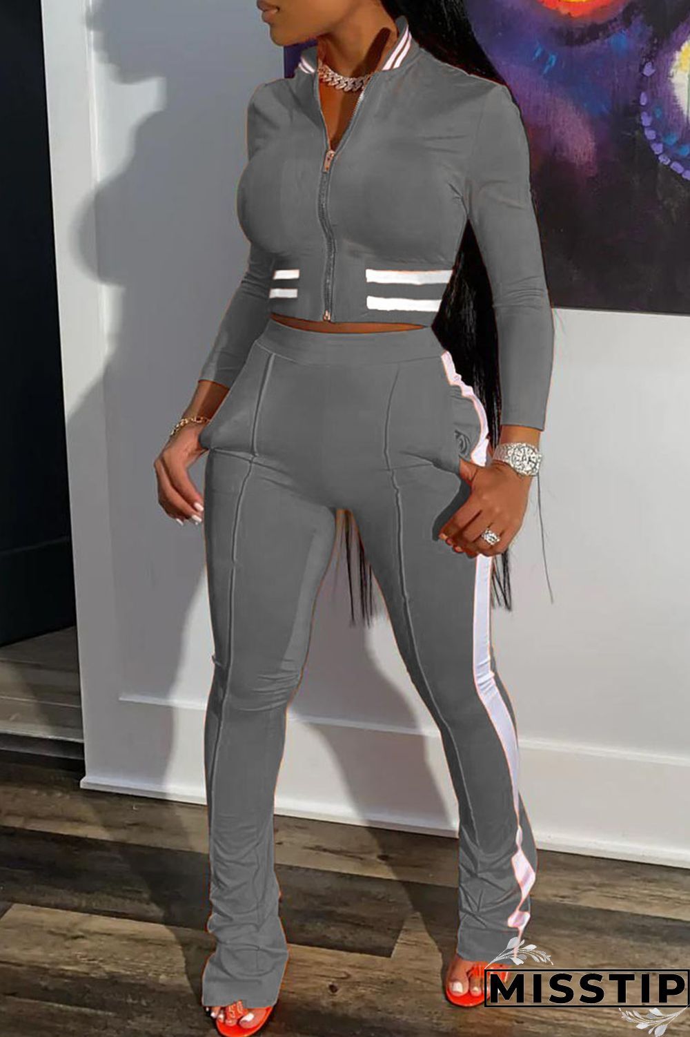 Black Casual Solid Patchwork Zipper Long Sleeve Two Pieces