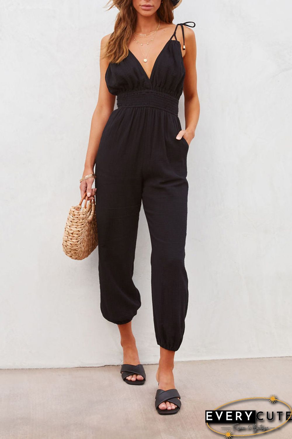 Black V Neck Knotted Shoulder Backless Pocket Jumpsuit