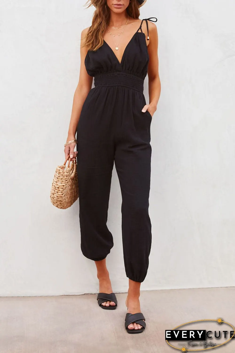 Black V Neck Knotted Shoulder Backless Pocket Jumpsuit