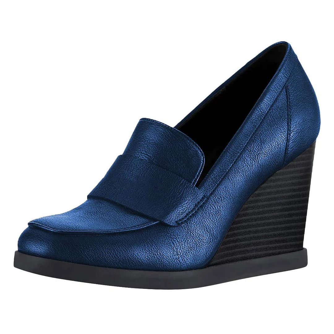 Women's Casual Blue Round Toe Wedge High Heel Platform Loafers