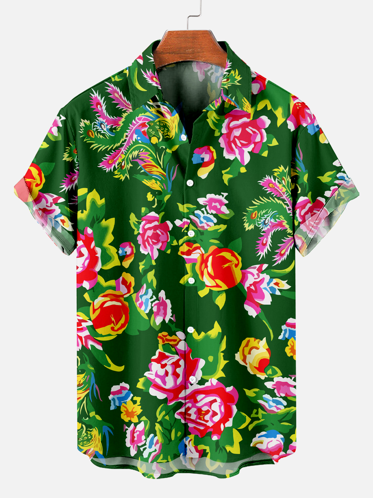 Men's Classic Northeastern Flower and Phoenix Green Fashion Short Sleeve Shirt ​ PLUSCLOTHESMAN