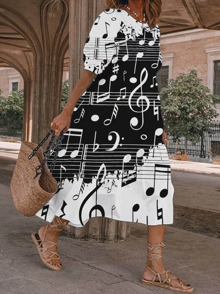 Music Notes Print Short Sleeve Midi Dress