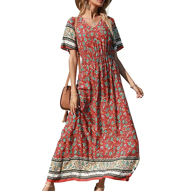 Women's Summer Bohemian Square Neck Floral Print Ruffle Vintage Flowy Beach Vacation Long Midi Boho Dress