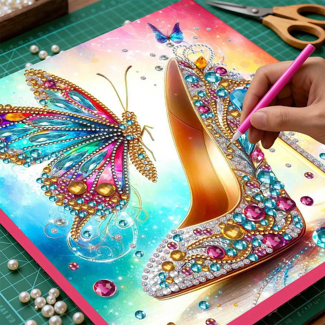 Butterfly High Heels Special Shaped DIY Large Diamond Painting Kit w/ Frame 9.84x9.84inch