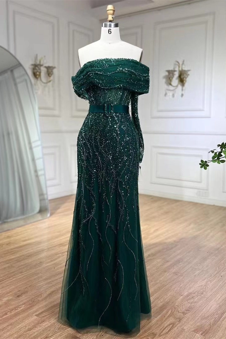 Bellasprom Off-the-Shoulder Long Sleeve Mermaid Prom Dress With Split Ruffles Beadings Bellasprom