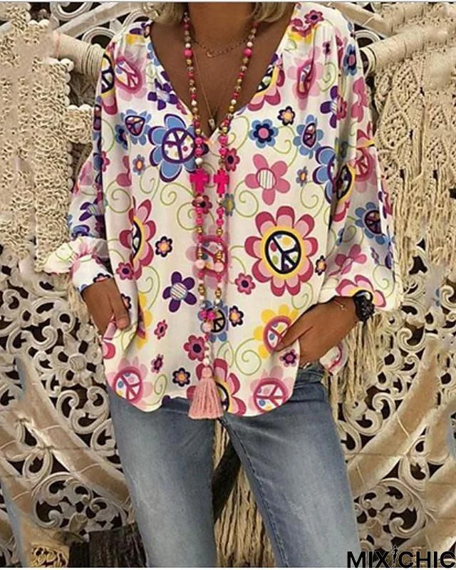 Women's Plus Size Blouse Shirt Floral Flower Long Sleeve Print V Neck Tops Casual Boho Basic Top White-808