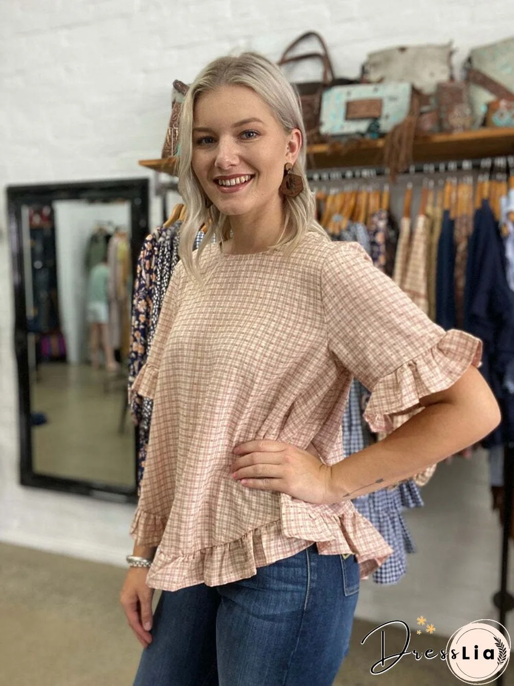 New Round Neck Women's Shirt With Turtleneck And Trumpet Sleeves Spliced Short Sleeve Plaid Jacquard Casual Jacket Tops Tees