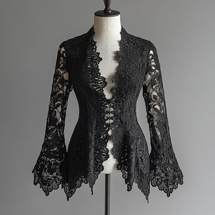 Ursime Lace Deep V Neck Flare Sleeve Asymmetrical Hem Blouse