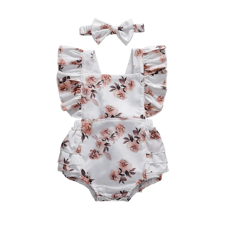 6-24M Cute Headband Outfit for Newborn Girls Lovely Playsuit Flower Print Romper