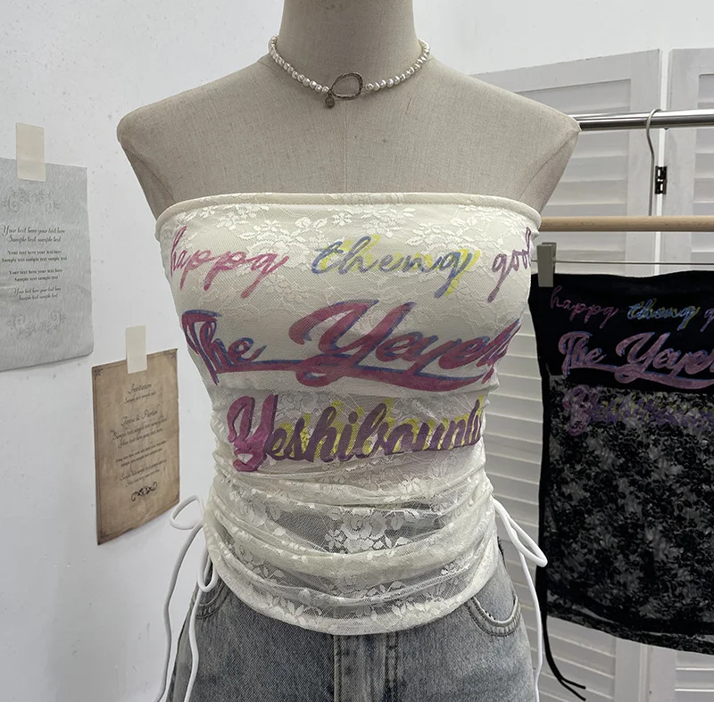 Nigikala Nigikala Shot With Chest Pad Lace Lace Hollow Hottie Breast Drawstring Thin Brat Waistcoat Sleeveless Top 12111