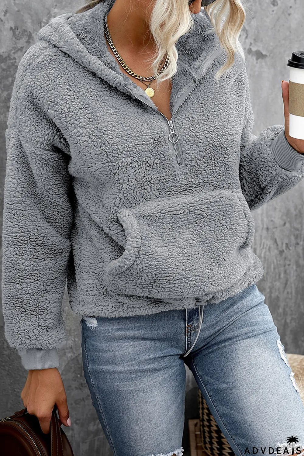 Gray 1/4 Zip Hooded Sherpa Sweatshirt with Kangaroo