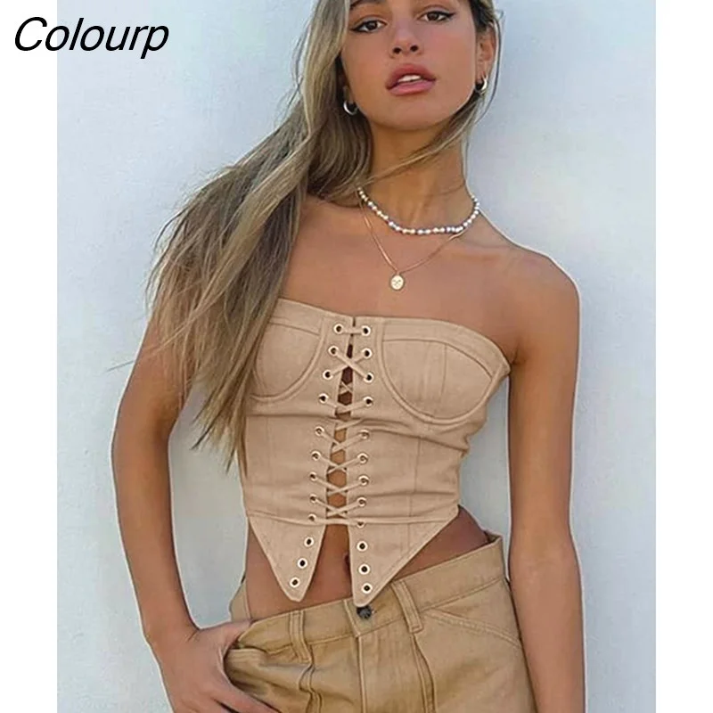 Colourp Lace Up Women Patchwork Tube Tanks Bodycon Skinny Sexy Streetwear Party Club 2023 Autumn Winter Festival Crop Tops