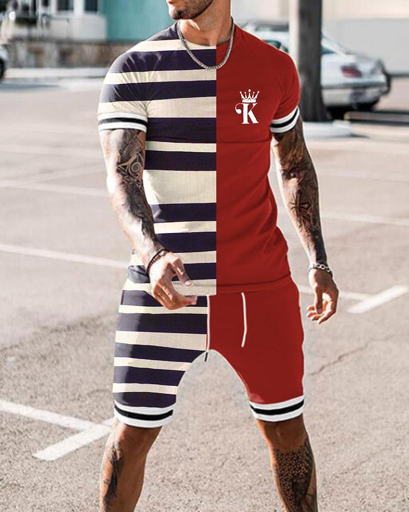 Men's Striped Split-joint Printed Sports Shorts Suit