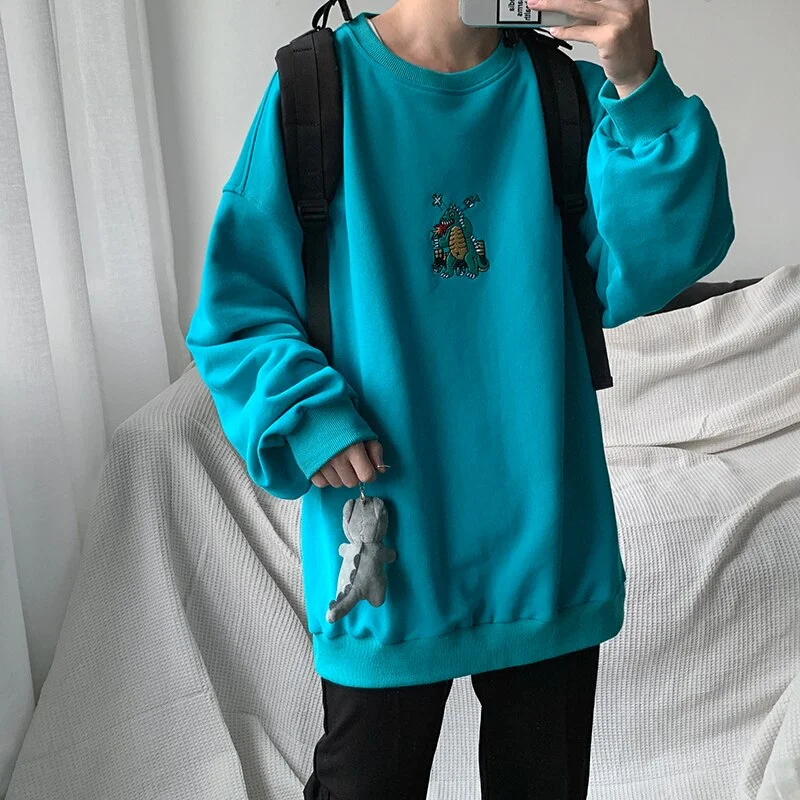 Privathinker Men Autumn Dinosaur Embroidery Pullovers Sweatshirts Mens 3 Colors O-Neck Hoodies Male Fashion Korean Sweatshirt