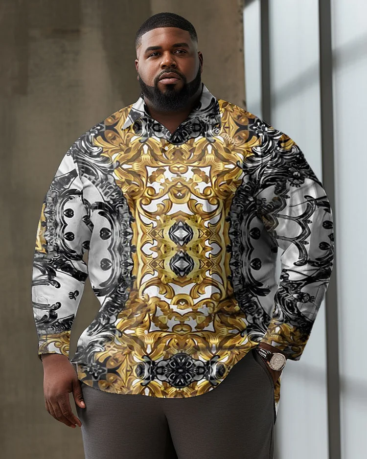 Men's Large Size Casual Decorative Design Patterns Lapel Long Sleeve Shirt