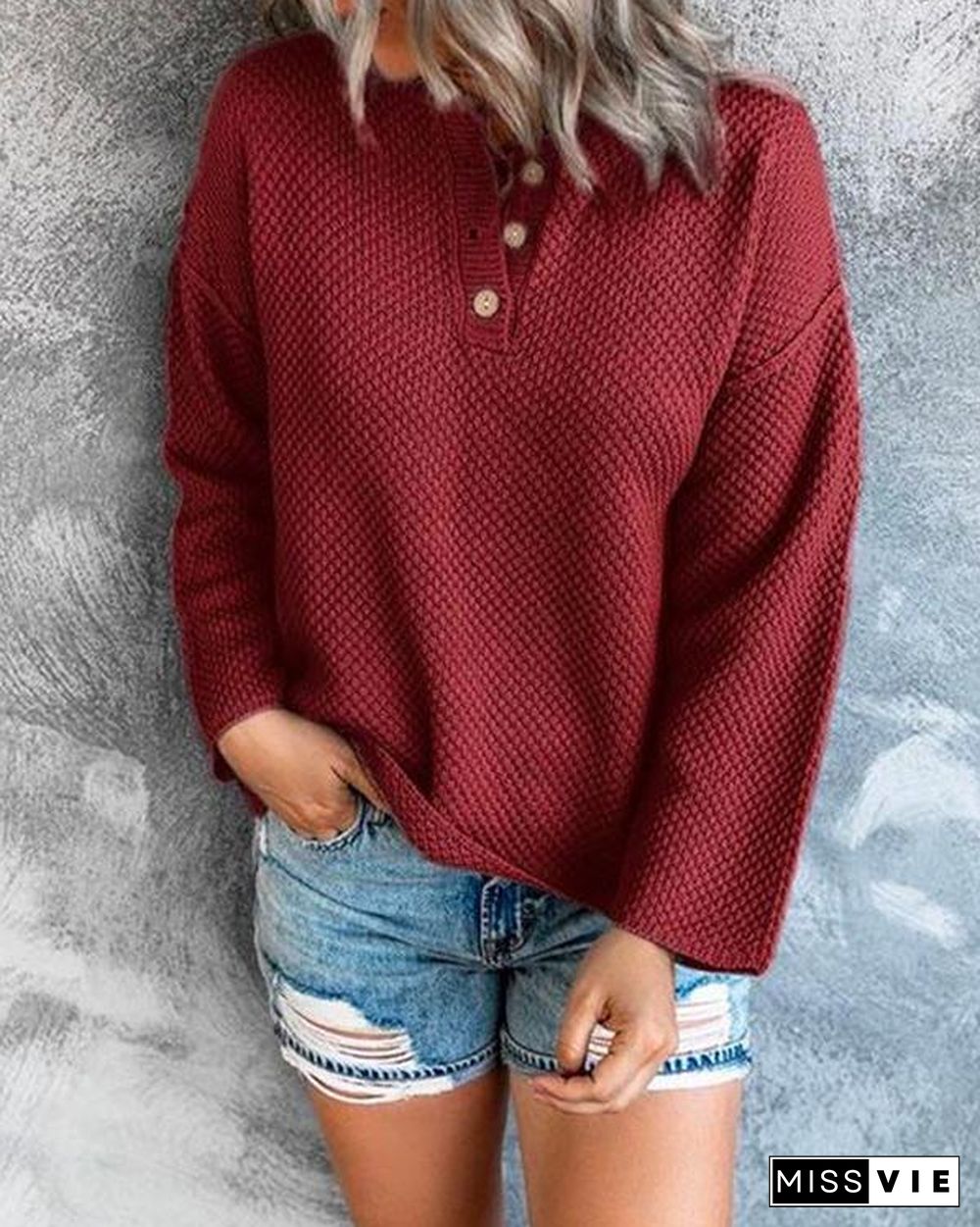 Comfy Cozy Sweater Drop Shoulder Button Up Knitting Top